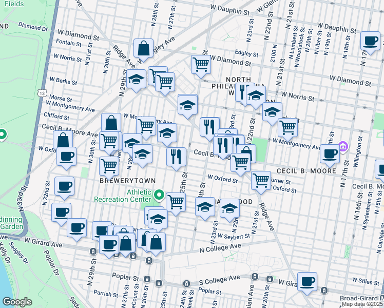 map of restaurants, bars, coffee shops, grocery stores, and more near 2442 Cecil B. Moore Avenue in Philadelphia