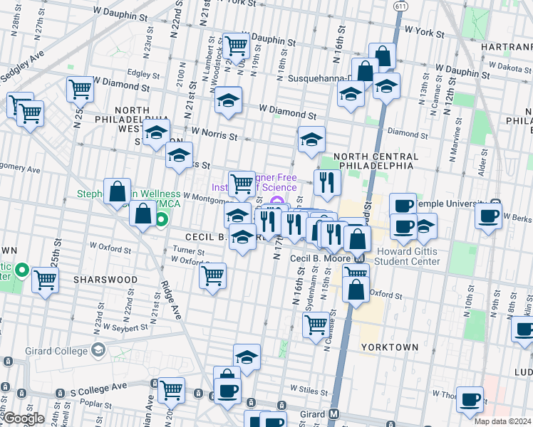 map of restaurants, bars, coffee shops, grocery stores, and more near 1734 West Montgomery Avenue in Philadelphia