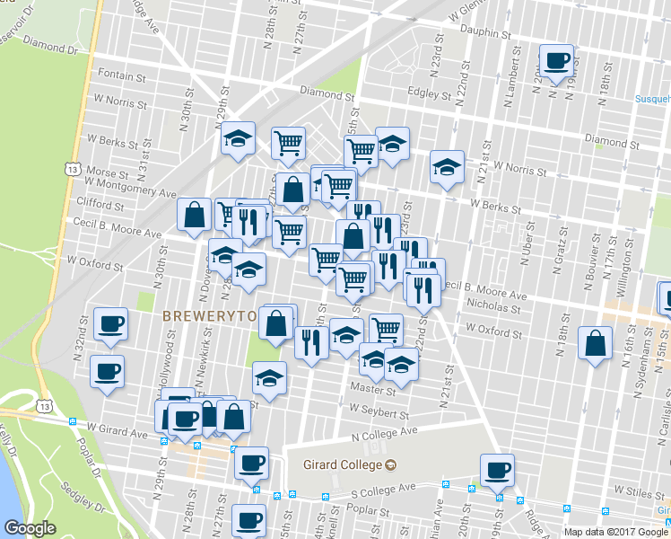 map of restaurants, bars, coffee shops, grocery stores, and more near 2442 Cecil B. Moore Avenue in Philadelphia