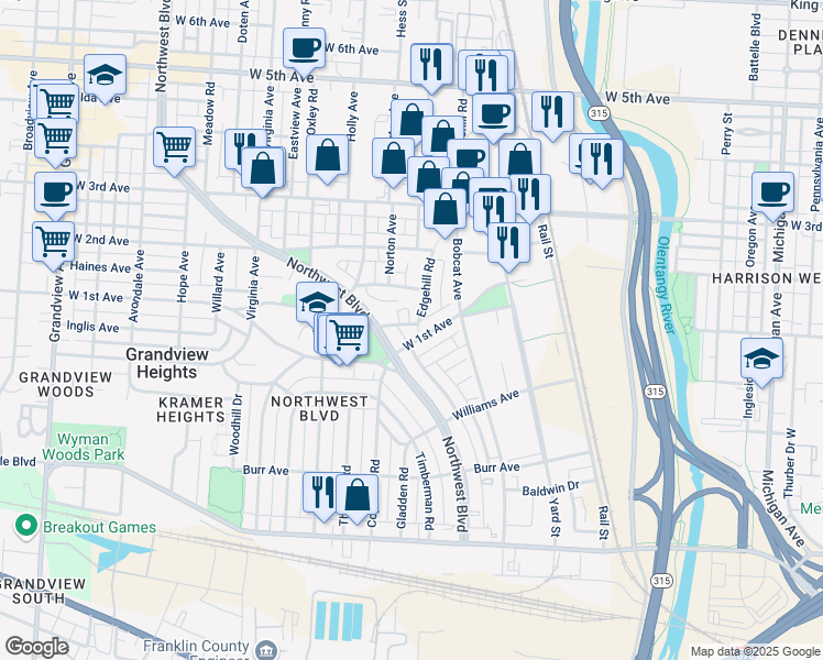 map of restaurants, bars, coffee shops, grocery stores, and more near 976 Hilo Lane in Columbus