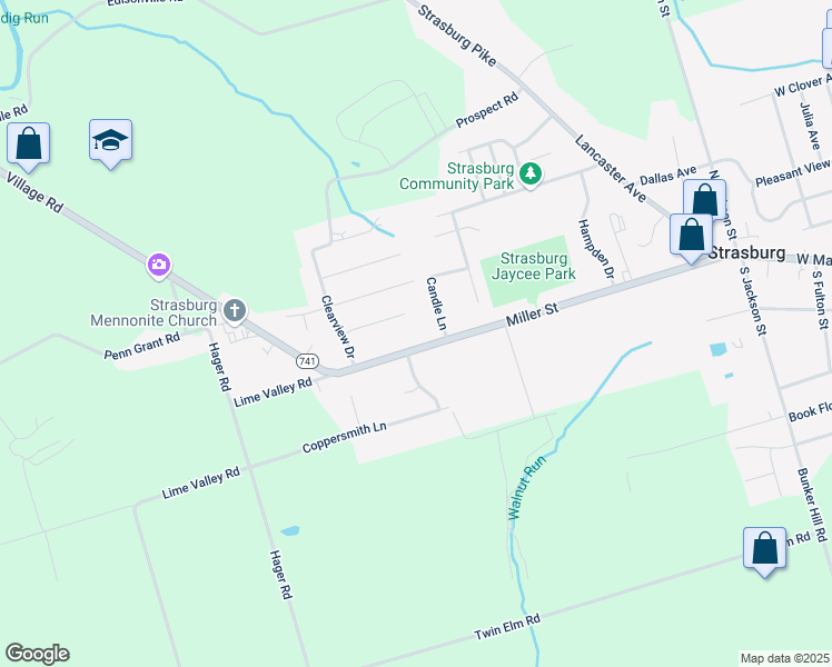 map of restaurants, bars, coffee shops, grocery stores, and more near 308 Miller Street in Strasburg