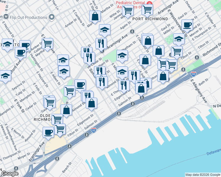 map of restaurants, bars, coffee shops, grocery stores, and more near 2820 Almond Street in Philadelphia