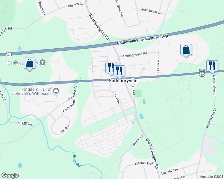 map of restaurants, bars, coffee shops, grocery stores, and more near 503 Fox Trail in Parkesburg