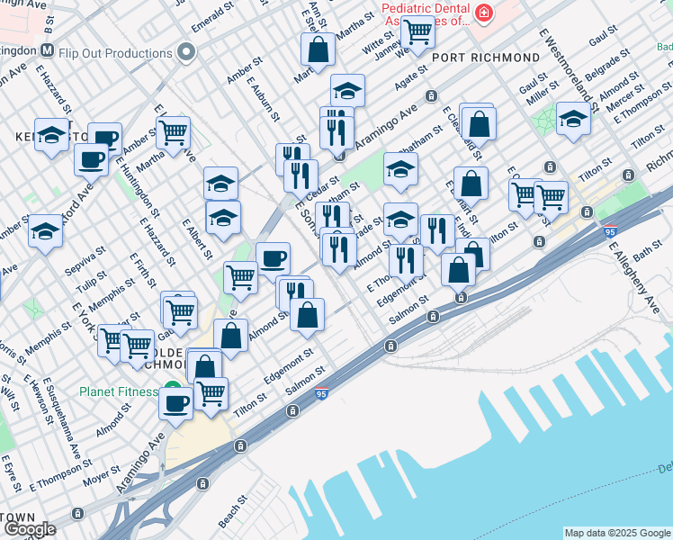 map of restaurants, bars, coffee shops, grocery stores, and more near 2552 East Somerset Street in Philadelphia