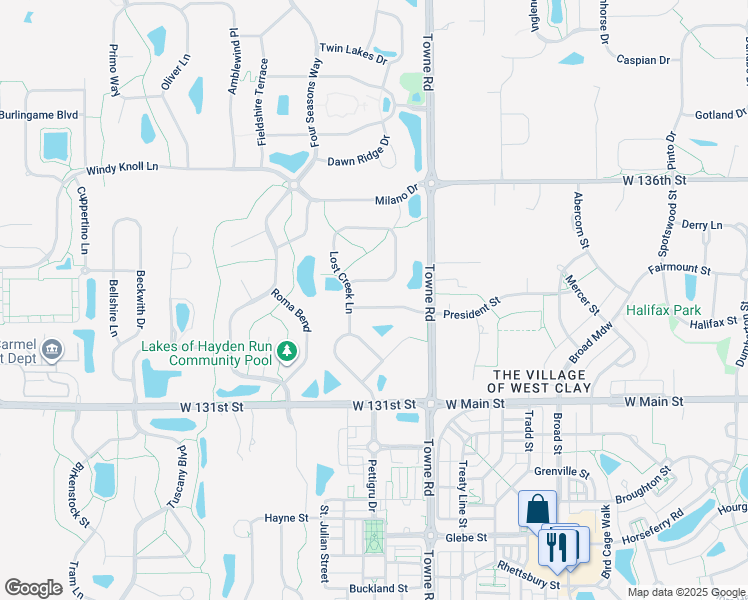 map of restaurants, bars, coffee shops, grocery stores, and more near 2553 Diamond Lake Drive in Westfield