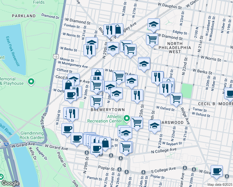 map of restaurants, bars, coffee shops, grocery stores, and more near 1623 North Marston Street in Philadelphia
