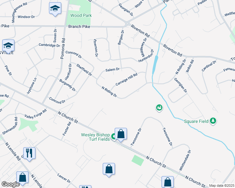 map of restaurants, bars, coffee shops, grocery stores, and more near 261 North Riding Drive in Moorestown