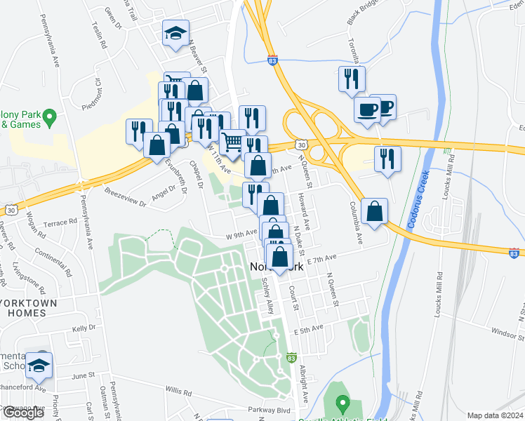 map of restaurants, bars, coffee shops, grocery stores, and more near 1315 North George Street in York