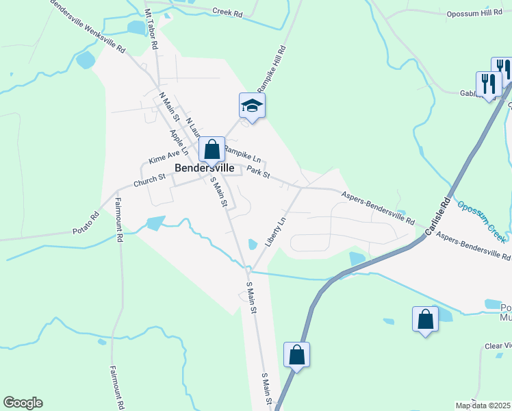 map of restaurants, bars, coffee shops, grocery stores, and more near 45 Routsong Lane in Aspers