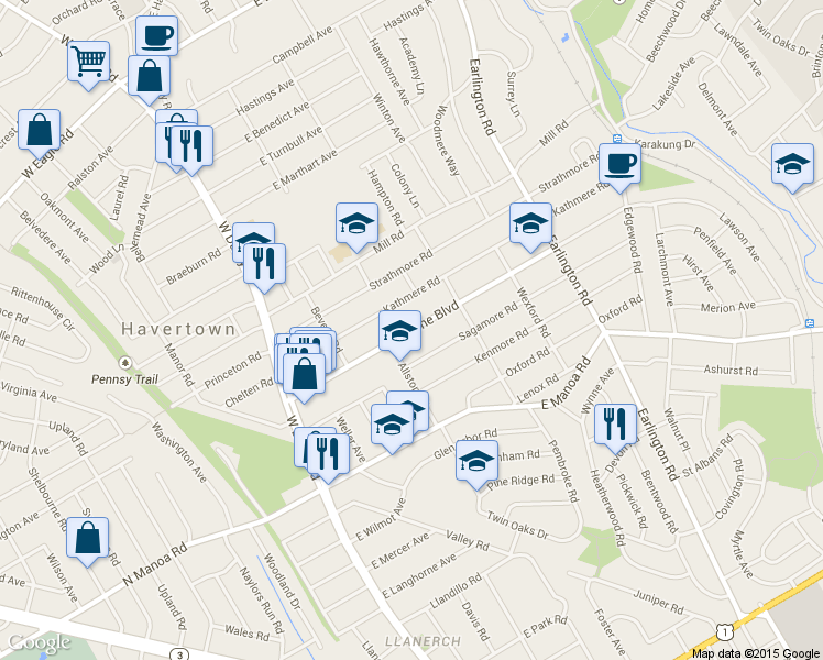 map of restaurants, bars, coffee shops, grocery stores, and more near 229 Brookline Blvd in Havertown