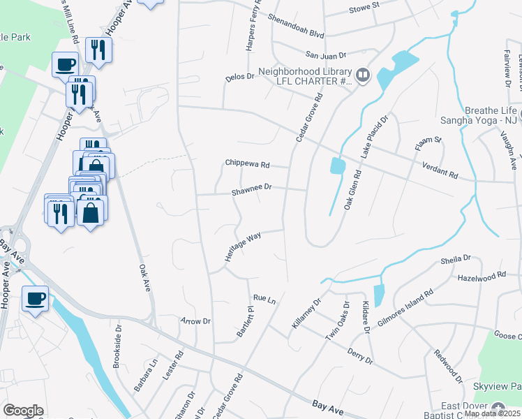 map of restaurants, bars, coffee shops, grocery stores, and more near 7 Blackfoot Court in Toms River