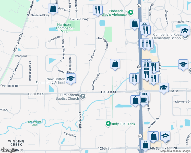 map of restaurants, bars, coffee shops, grocery stores, and more near 13145 Nottingham Road in Fishers