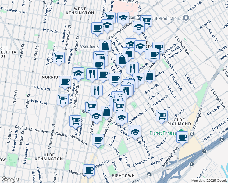 map of restaurants, bars, coffee shops, grocery stores, and more near 2116 East Susquehanna Avenue in Philadelphia