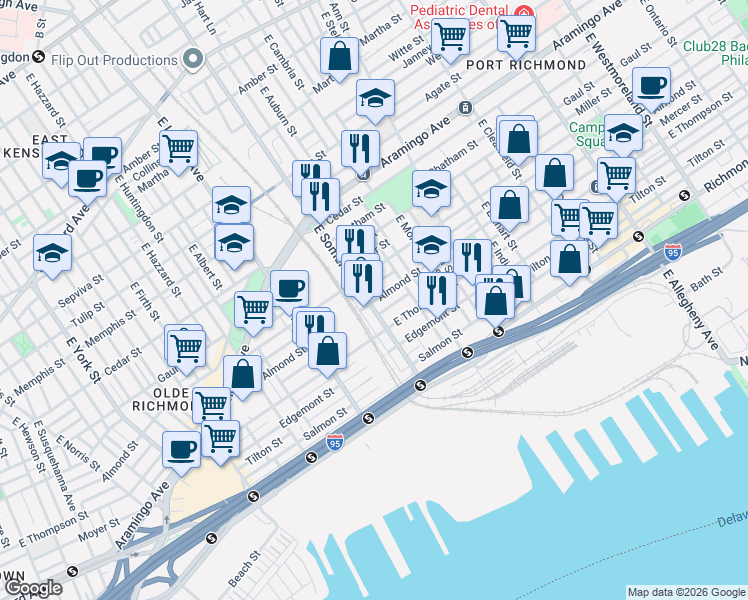map of restaurants, bars, coffee shops, grocery stores, and more near 2820 Almond Street in Philadelphia