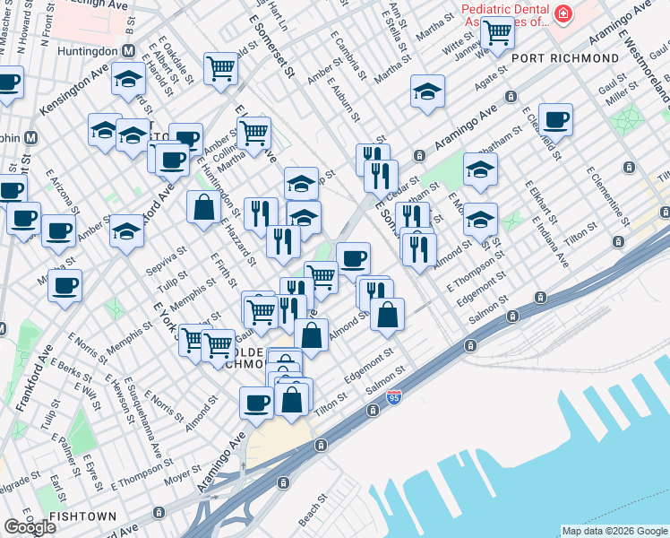map of restaurants, bars, coffee shops, grocery stores, and more near 2444 East Lehigh Avenue in Philadelphia