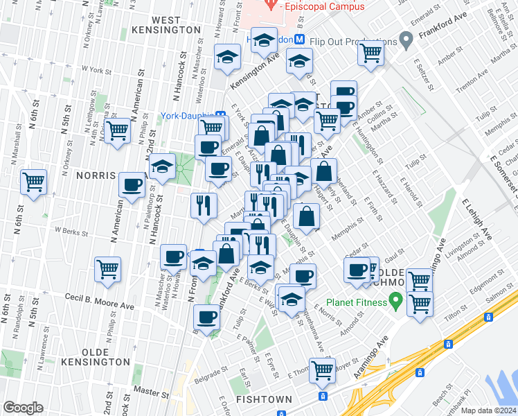 map of restaurants, bars, coffee shops, grocery stores, and more near 2111 East Susquehanna Avenue in Philadelphia