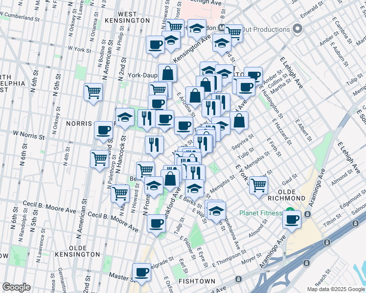 map of restaurants, bars, coffee shops, grocery stores, and more near 2111 East Susquehanna Avenue in Philadelphia