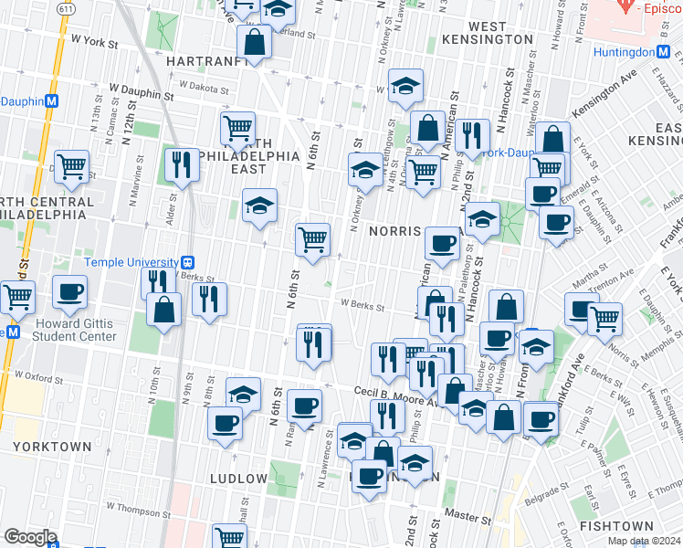 map of restaurants, bars, coffee shops, grocery stores, and more near 1937 North 5th Street in Philadelphia