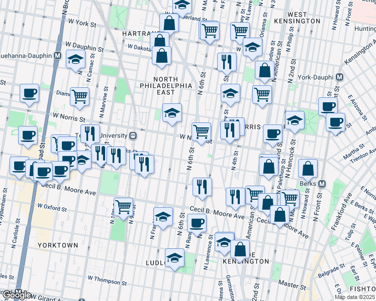 map of restaurants, bars, coffee shops, grocery stores, and more near 1930 North Marshall Street in Philadelphia