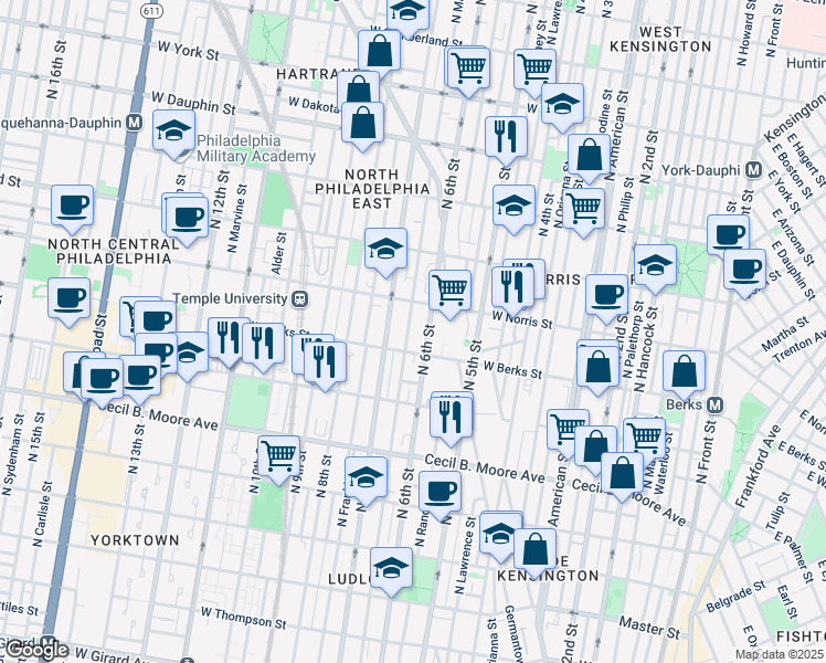 map of restaurants, bars, coffee shops, grocery stores, and more near 1930 North Marshall Street in Philadelphia