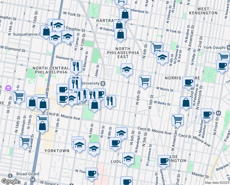 map of restaurants, bars, coffee shops, grocery stores, and more near 1910 North 8th Street in Philadelphia