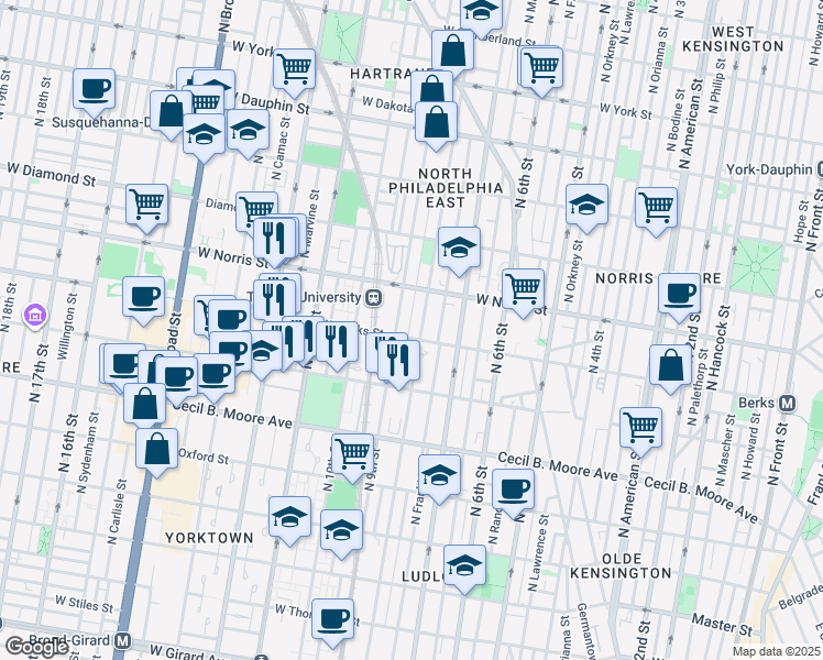 map of restaurants, bars, coffee shops, grocery stores, and more near in Philadelphia