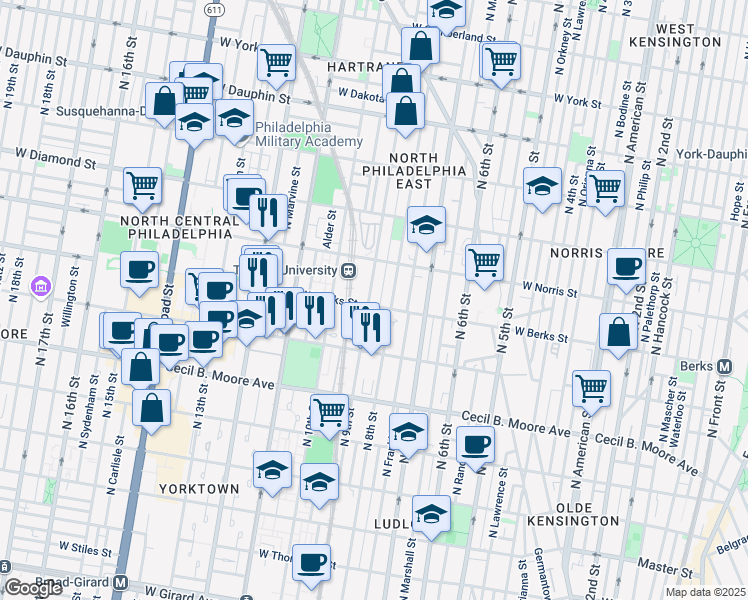 map of restaurants, bars, coffee shops, grocery stores, and more near in Philadelphia