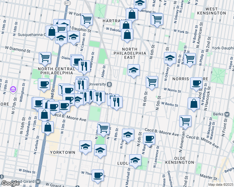 map of restaurants, bars, coffee shops, grocery stores, and more near 1907 North 9th Street in Philadelphia