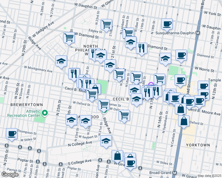 map of restaurants, bars, coffee shops, grocery stores, and more near 1714 North Woodstock Street in Philadelphia