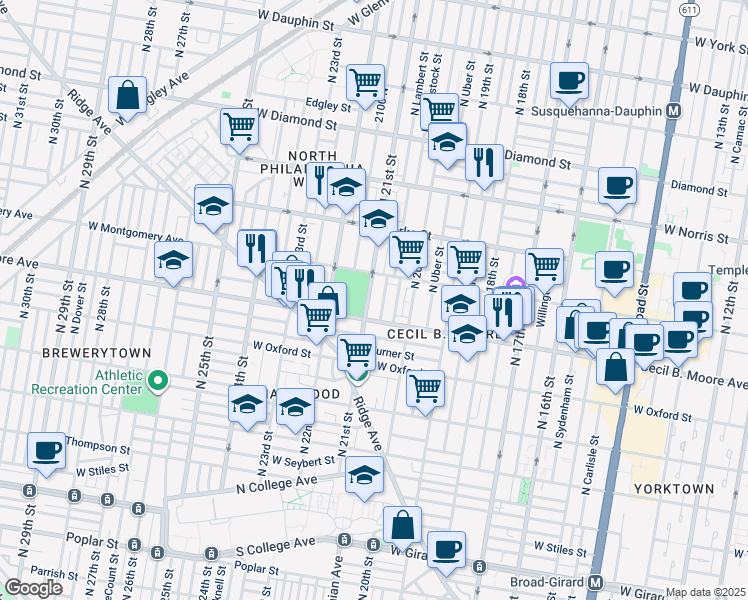 map of restaurants, bars, coffee shops, grocery stores, and more near 1723 North 21st Street in Philadelphia
