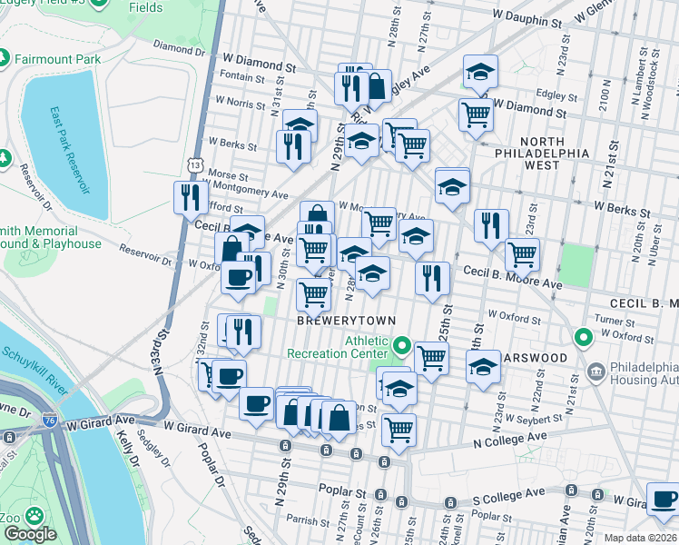 map of restaurants, bars, coffee shops, grocery stores, and more near in Philadelphia