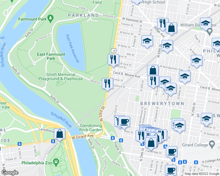 map of restaurants, bars, coffee shops, grocery stores, and more near in Philadelphia