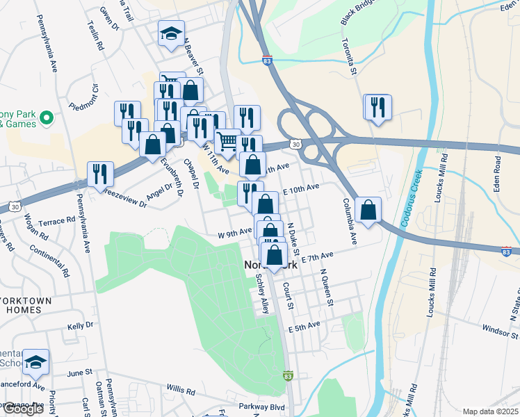 map of restaurants, bars, coffee shops, grocery stores, and more near 1321 North George Street in York