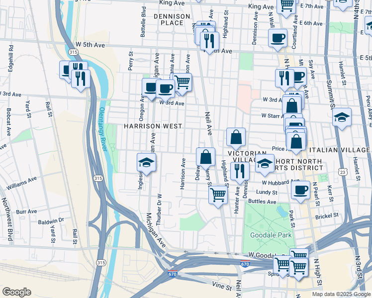 map of restaurants, bars, coffee shops, grocery stores, and more near 969 Harrison Avenue in Columbus