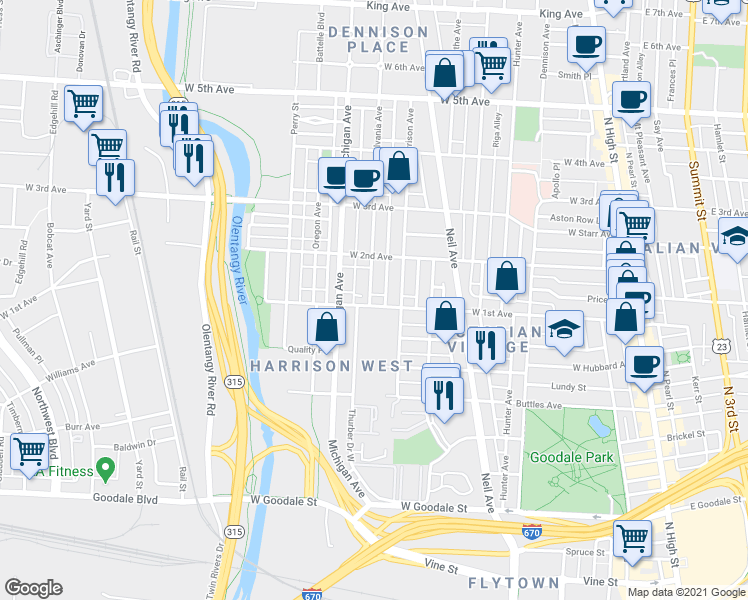 map of restaurants, bars, coffee shops, grocery stores, and more near 977 Pennsylvania Avenue in Columbus