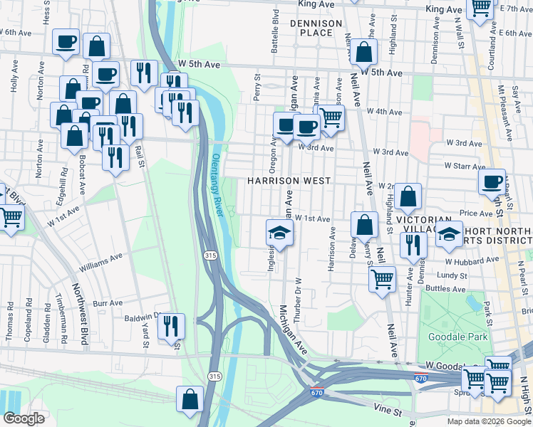 map of restaurants, bars, coffee shops, grocery stores, and more near 990 Perry Street in Columbus