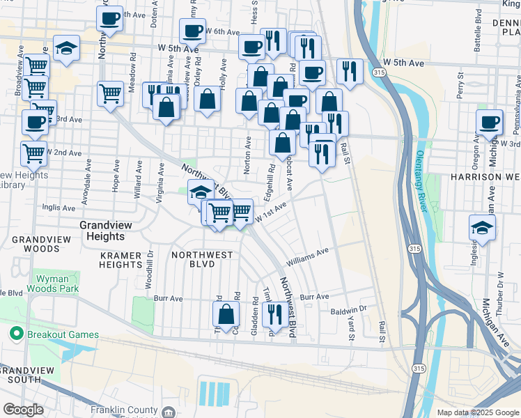 map of restaurants, bars, coffee shops, grocery stores, and more near 976 Hilo Lane in Columbus