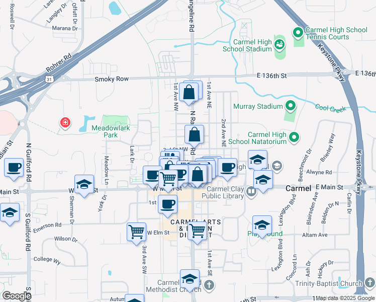 map of restaurants, bars, coffee shops, grocery stores, and more near 311 North Rangeline Road in Carmel