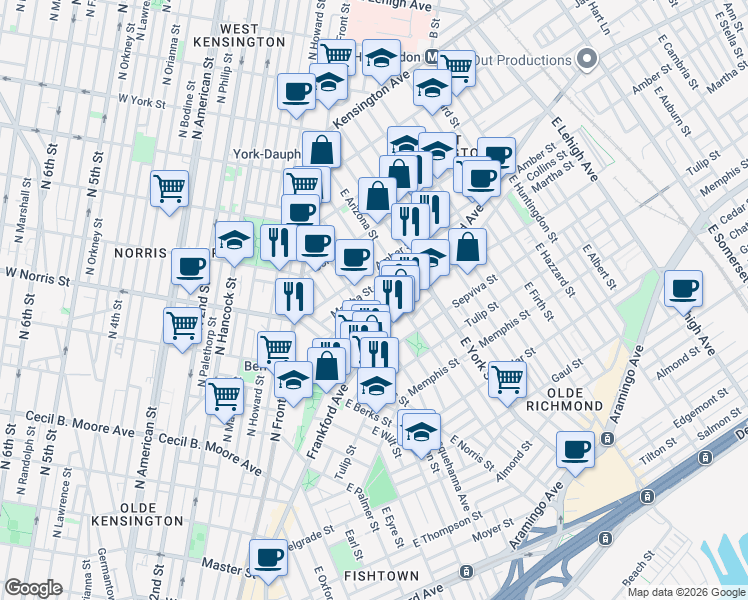 map of restaurants, bars, coffee shops, grocery stores, and more near 2111 East Susquehanna Avenue in Philadelphia