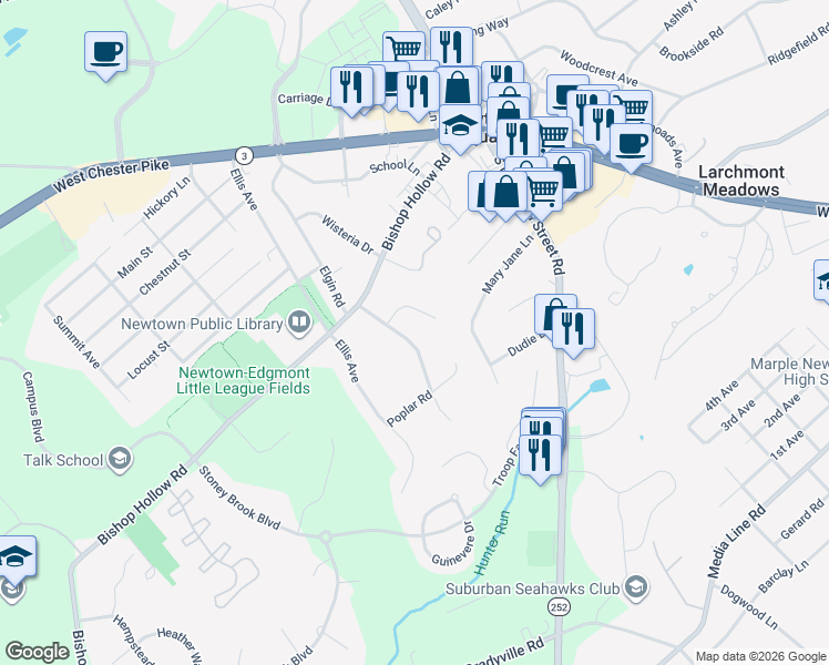 map of restaurants, bars, coffee shops, grocery stores, and more near 19 Newtown Woods Road in Newtown Square