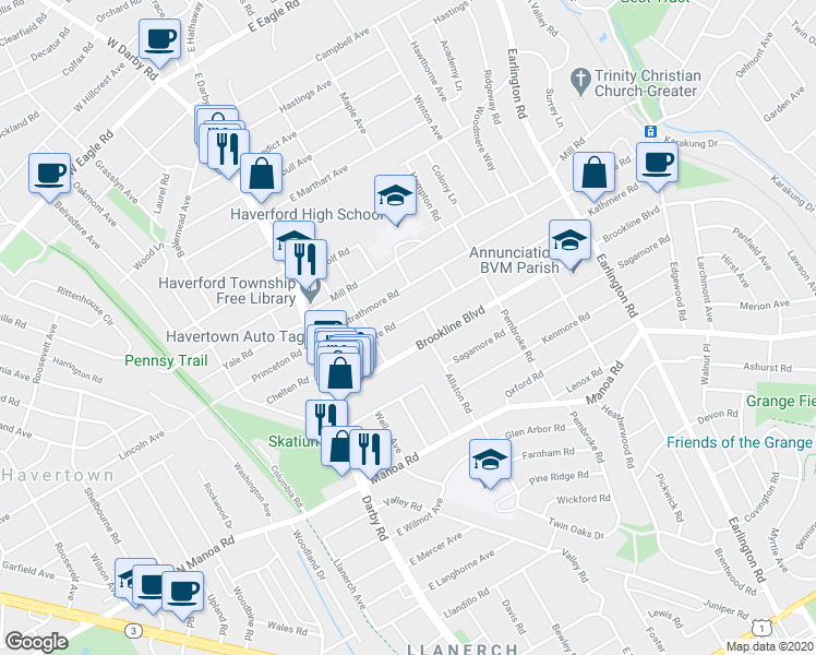 map of restaurants, bars, coffee shops, grocery stores, and more near 129 Kathmere Road in Havertown