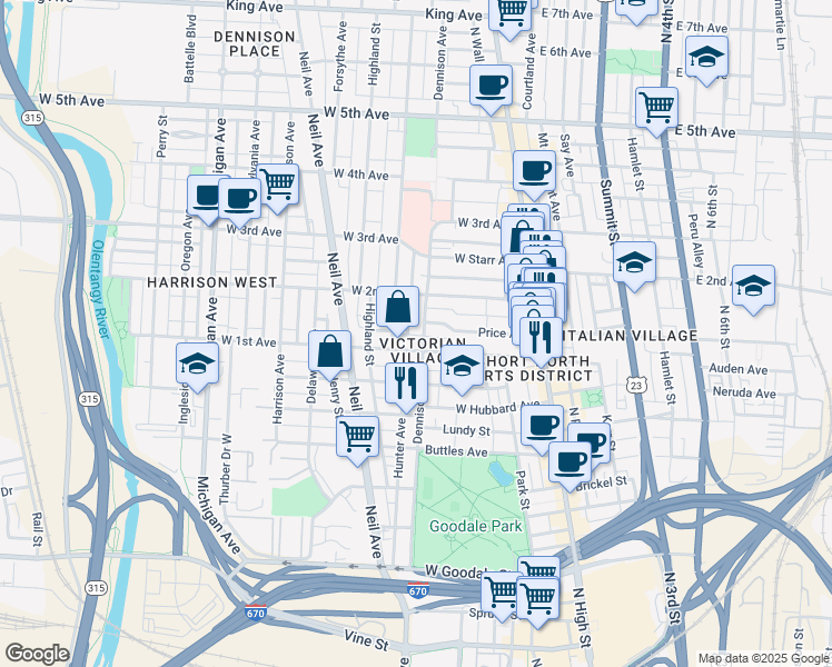 map of restaurants, bars, coffee shops, grocery stores, and more near 147 Price Avenue in Columbus