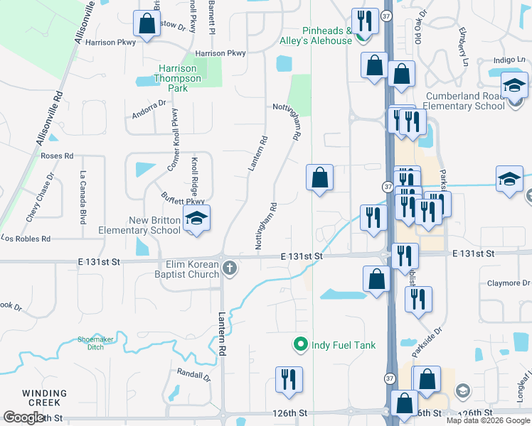 map of restaurants, bars, coffee shops, grocery stores, and more near 13145 Nottingham Road in Fishers