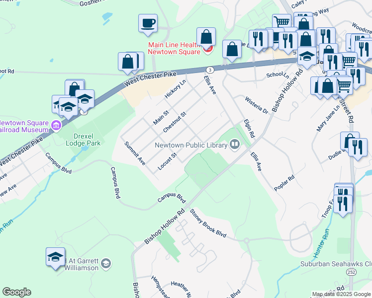 map of restaurants, bars, coffee shops, grocery stores, and more near 117 Locust Street in Newtown Square