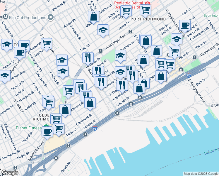 map of restaurants, bars, coffee shops, grocery stores, and more near 2838 Mercer Street in Philadelphia