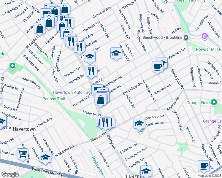map of restaurants, bars, coffee shops, grocery stores, and more near 108 Kathmere Road in Havertown