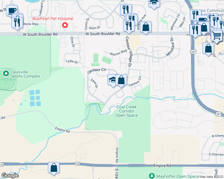 map of restaurants, bars, coffee shops, grocery stores, and more near 1405 Centaur Village Drive in Lafayette