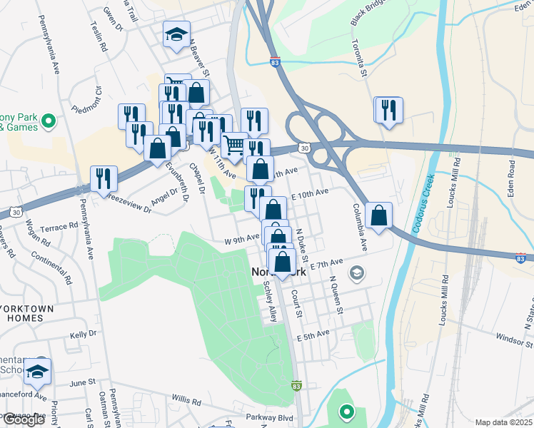 map of restaurants, bars, coffee shops, grocery stores, and more near 1321 North George Street in York
