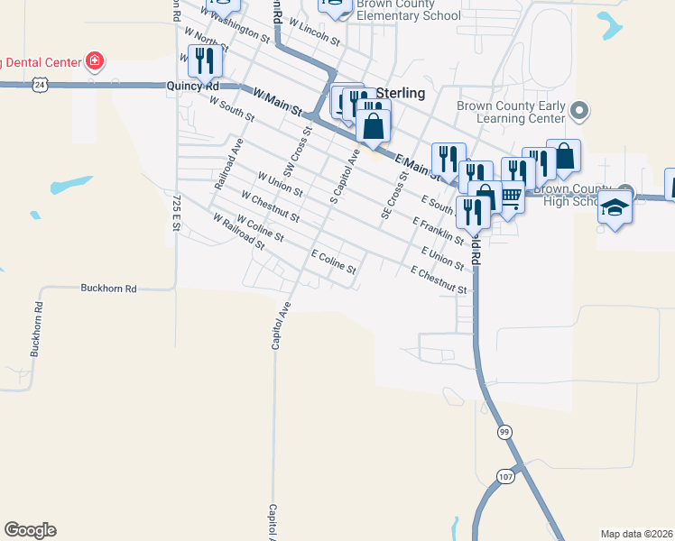 map of restaurants, bars, coffee shops, grocery stores, and more near 112 East Coline Street in Mount Sterling