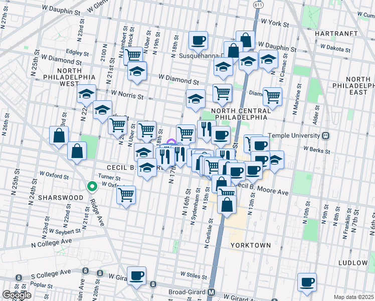map of restaurants, bars, coffee shops, grocery stores, and more near 1725 West Montgomery Avenue in Philadelphia